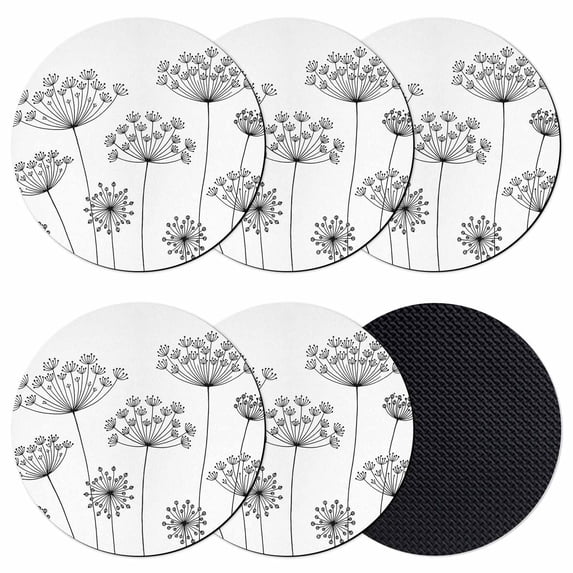 Black Dandelion Coasters Set of 6, Absorbent Coasters for Drinks, Spring Country Modern Minimalist Flower Coaster for Desk Coffee Table Protection, Home Decor House Warming Gifts 4"