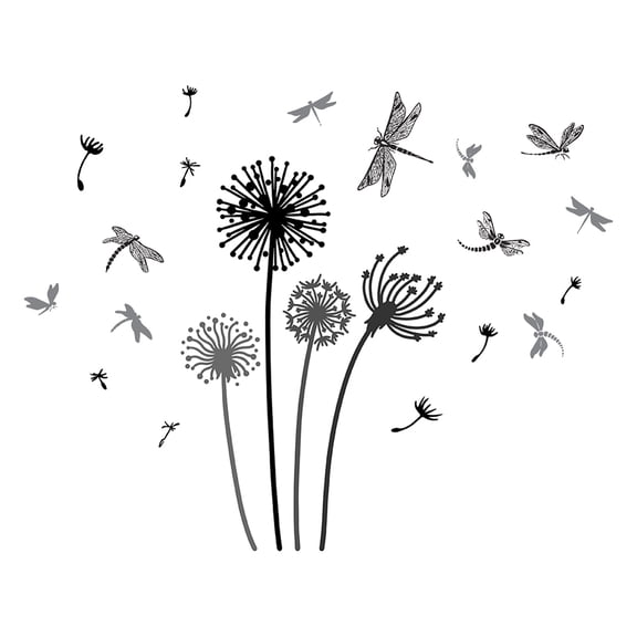 Black Dandelion Dragonfly Wall Sticker Plants Insect Wall Sticker Removable Vinyl Home Decor Flowers Wall Art DIY Art PVC Wall Decal for Room Decor