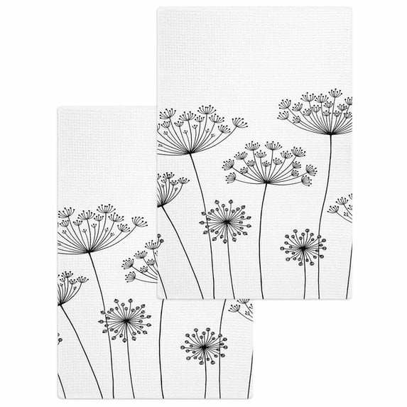 Black Dandelion Kitchen Dish Towels for Drying Dishes Set of 2, Spring Country Modern Minimalist Flower Waffle Weave Microfiber Hand Tea Bathroom Towels Quick Dry & Absorbent Towel 15.7x23.6