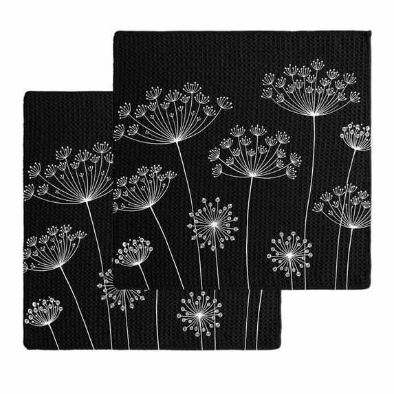 Black Dandelion Kitchen Dish Towels for Drying Dishes Set of 2, Spring Modern Minimalist Country Flower Waffle Weave Microfiber Hand Tea Bathroom Towels Quick Dry & Absorbent Towel 12x12