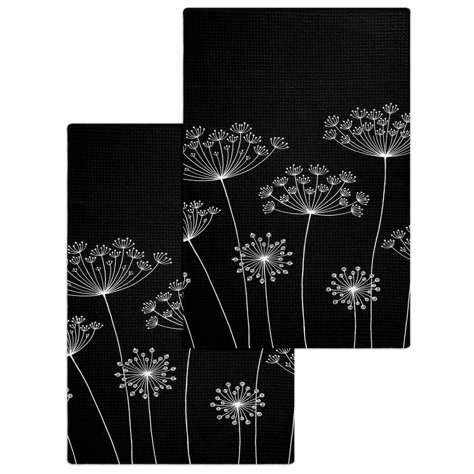 Black Dandelion Kitchen Dish Towels for Drying Dishes Set of 2, Spring Modern Minimalist Country Flower Waffle Weave Microfiber Hand Tea Bathroom Towels Quick Dry & Absorbent Towel 15.7x23.6