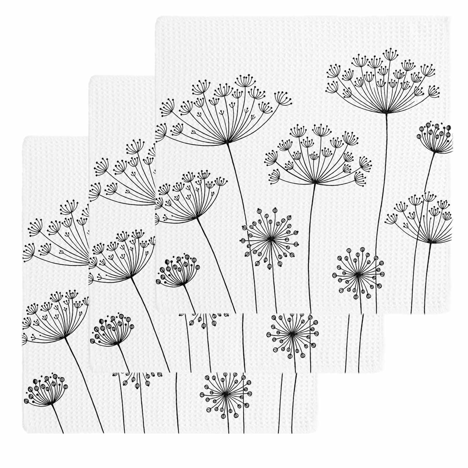 Black Dandelion Kitchen Dish Towels for Drying Dishes Set of 3, Spring Country Modern Minimalist Flower Waffle Weave Microfiber Hand Tea Bathroom Towels Quick Dry & Absorbent Towel 12x12