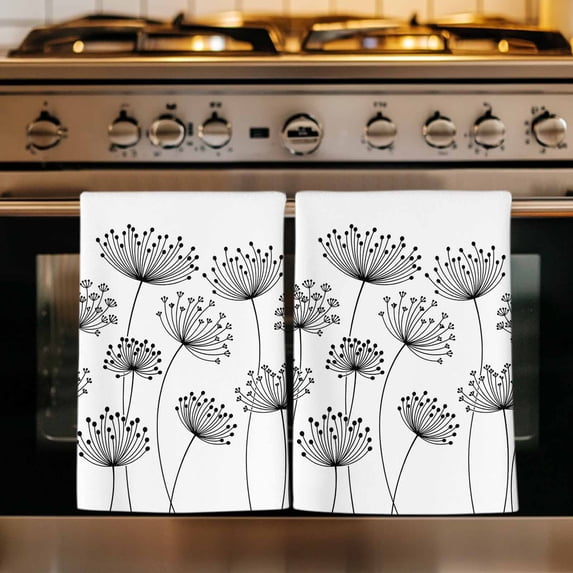 Black Dandelion Kitchen Towels Set of 3, Country Modern Minimalist Flower Absorbent Dish Towels for Kitchen, Microfiber Hand Towel, Quick Drying Tea Towel for Cleaning Decorative Dishcloths