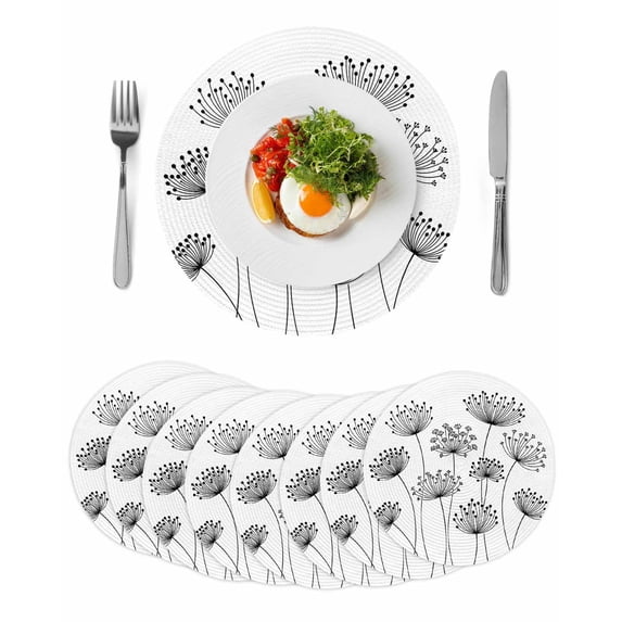 Black Dandelion Round 15 Inch Placemats Set of 8, Country Modern Minimalist Flower HeatResistant Non Slip Place Mats for Dining Table, Wipeable Braided Kitchen Table Mats for Housewarming