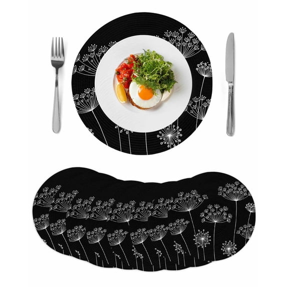 Black Dandelion Round 15 Inch Placemats Set of 8, Spring Modern Minimalist Country Flower HeatResistant Non Slip Place Mats for Dining Table, Wipeable Braided Kitchen Table Mats for Housewarming