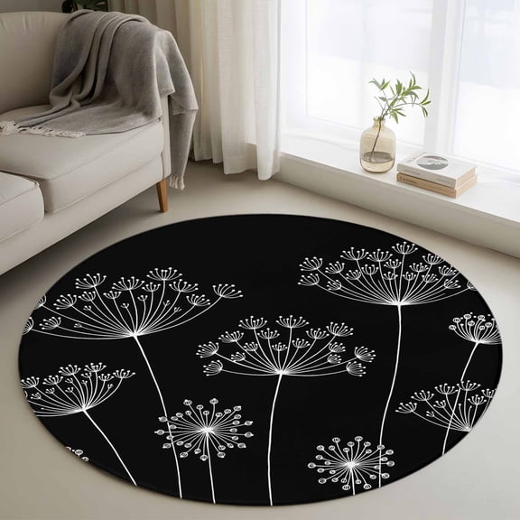 Black Dandelion Round Area Rug 3.3Ft Washable Circle Rugs for Dining Room Table, Spring Modern Minimalist Country Flower Non-Slip Carpet Floor Mats Indoor Outdoor Carpet Runner Aesthetic Home Decor