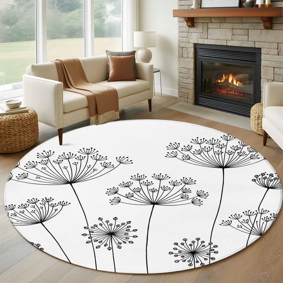 Black Dandelion Round Area Rug 8Ft Washable Large Circle Rugs for Living Room Dorm, Spring Country Modern Minimalist Flower Non-Slip Carpet Floor Mats Indoor Outdoor Carpet Runner Home Decor