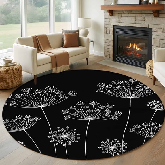 Black Dandelion Round Rug 5ft Washable Circle Kitchen Rugs Non Slip Spring Modern Minimalist Country Flower Large Area Rug Indoor Floor Carpet for Bedroom Living Room Home Office Dining Room Nursery