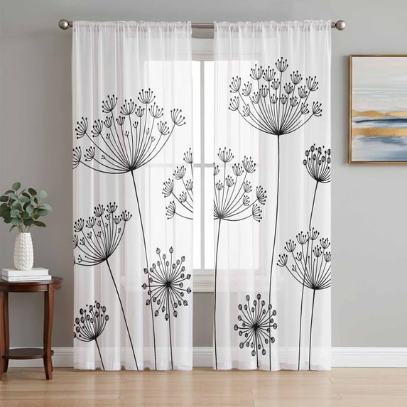 Black Dandelion Sheer Curtains 63 Inch Length 2 Panels Set Window Treatments, Spring Country Modern Minimalist Flower Rod Pocket Semi Curtains for Living Room/Bedroom/Kitchen Décor, 104"W x 63"L