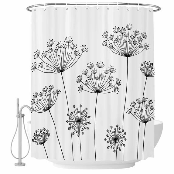 Black Dandelion Shower Curtain, Waterproof Shower Curtains for Bathroom, Spring Country Modern Minimalist Flower Washable Fabric Bathtub Curtain Set Bath Decor with 12 Hooks 48"x72"