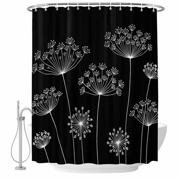 Black Dandelion Shower Curtain, Waterproof Shower Curtains for Bathroom, Spring Modern Minimalist Country Flower Washable Fabric Bathtub Curtain Set Bath Decor with 12 Hooks 48"x72"