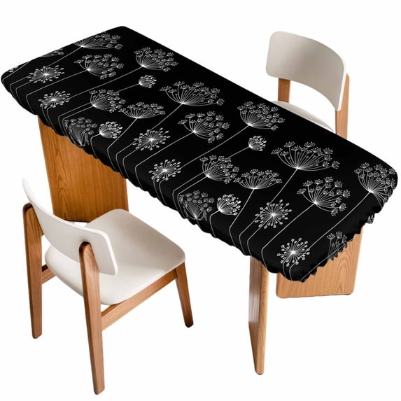 Black Dandelion Table Cloths for 8 Foot Rectangle Tables, Spring Modern Minimalist Country Flower Patio Waterproof Elastic Fitted Tablecloths, Washable Rectangular Table Cover for Camping