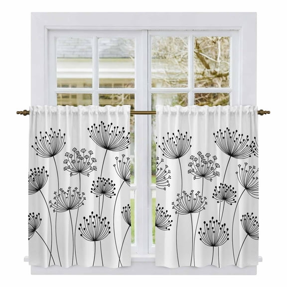 Black Dandelion Tier Curtains 54 Inch Length, Country Modern Minimalist Flower Cafe Short Curtains for Bathroom Over Sink, Small Kitchen Curtain Light Filtering Tiered Drapes 2 Panels 27.5"Wx54"L