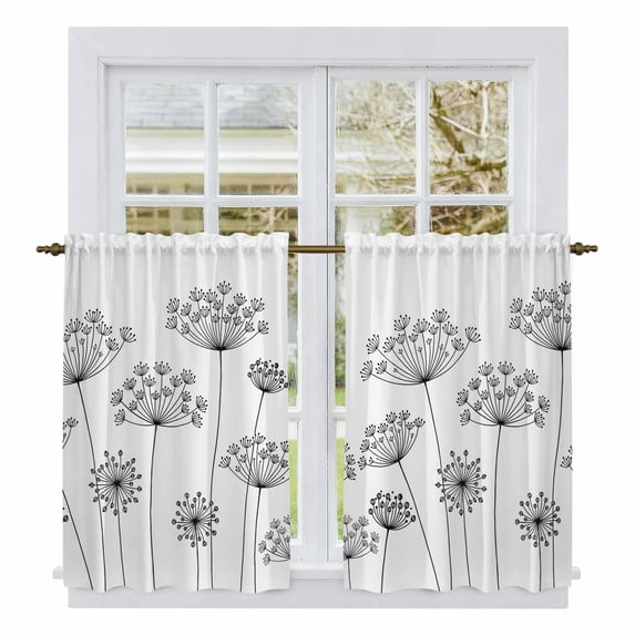 Black Dandelion Tier Curtains 54 Inch Length, Spring Country Modern Minimalist Flower Cafe Short Curtains for Bathroom Over Sink, Small Kitchen Curtain Light Filtering Drapes 2 Panels 27.5"Wx54"L