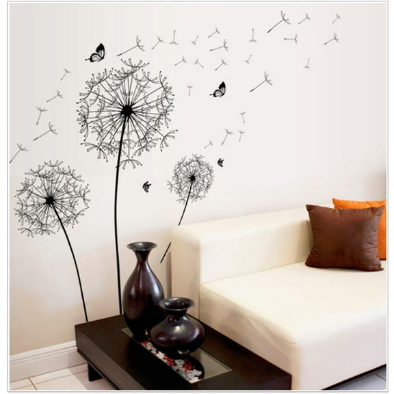 Black Dandelion Wall Sticker, DIY Home Decor PVC Wall Art Decal, Large Peel-and-Stick Removable Black Floral Mural, for Living Room Bedroom Nursery, 120cm x 80cm