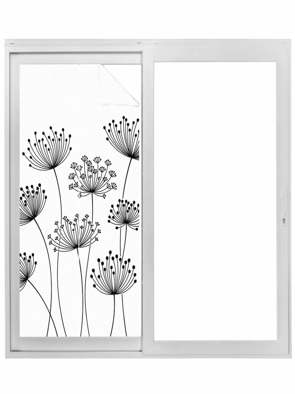 Black Dandelion Window Privacy Film, Country Modern Minimalist Flower Static Cling UV Sun Blocking Tint Film Heat Control Windows Films for Bedroom Bathroom, Window Stickers 29.5"x78.7"