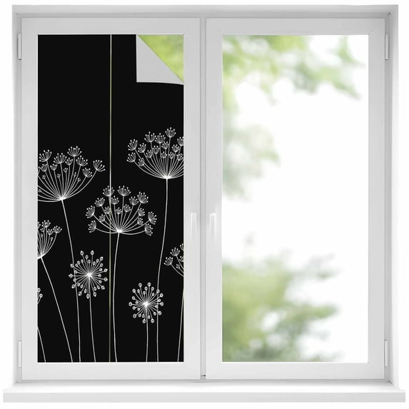 Black Dandelion Window Privacy Film, Spring Modern Minimalist Country Flower Static Cling UV Sun Blocking Heat Control Window Tint Day and Night, Non-Adhesive One Way Privacy Cover 19.6''x39.3''