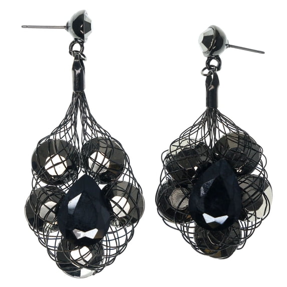 Black Dangle Earrings Wire Mesh & Shiny Gray Faceted Accents For Women TME447
