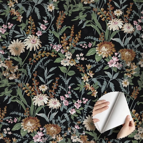 Black Dark Floral Wallpaper Boho Vintage Rustic Peel and Stick Wallpaper Waterproof Home Decor for Living Room Bedroom Bathroom Kitchen Cabinet Dorm Room 17.7 * 78.5 in