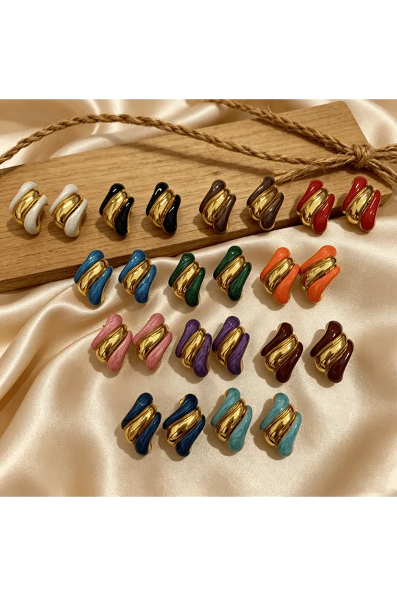 Black Dark Green Enamel Textured Wave Stud Earrings With Goldtone Accents
