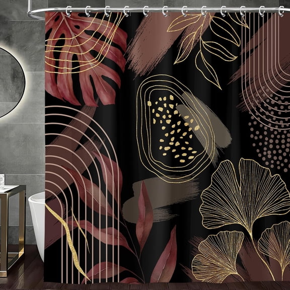 Black and Dark Red Shower Curtain, Boho Burgundy Maroon Mid Century Modern Palm Leaves Shower Curtains Set, Gothic Witchy Masculine Shower Curtains for Bathroom Polyester Fabric with Hooks 72X72IN
