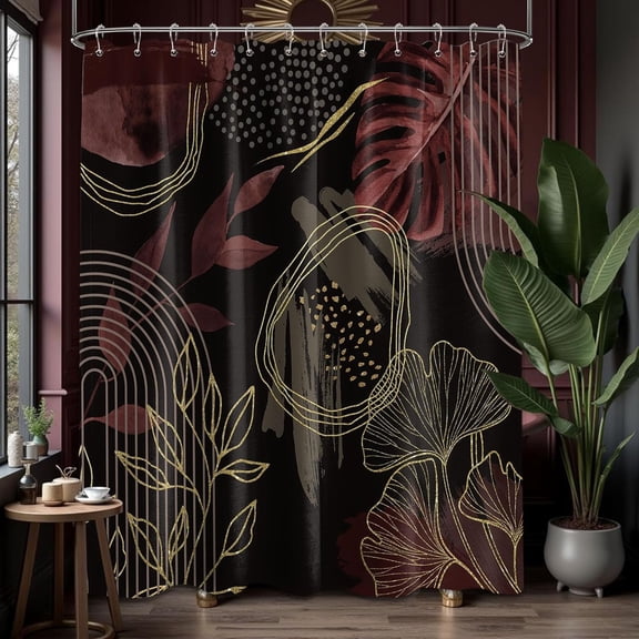 Black and Dark Red Shower Curtain Boho Mid Century Modern Maroon Gothic Leaf Shower Curtains for Mens Bathroom Decor Set, Waterproof Cloth Fabric with Hooks-72"W x 72"L (Pack of 1)