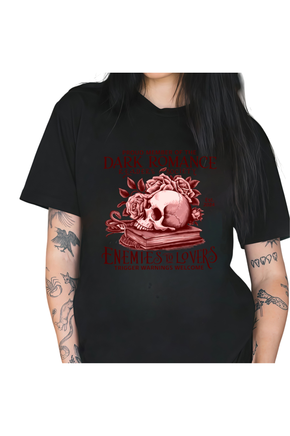 Black Dark Romance Readers Society Enemies to Lovers Red Skull Roses Books Snake Trigger Warnings Book Lover Print Tshirt Graphic Tees Shirts Tops S-5XL