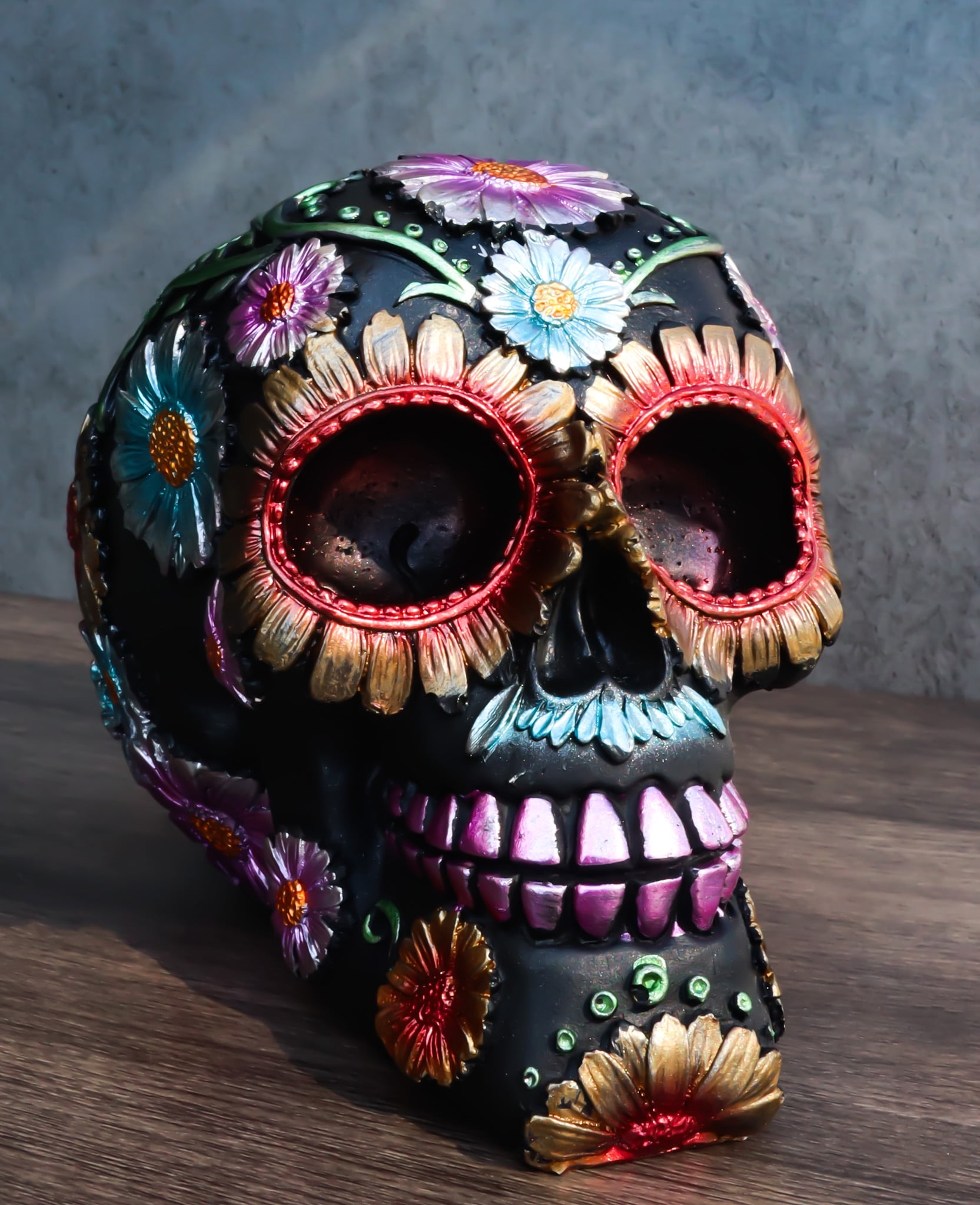 Hand-Painted Black Floral Resin Skull Figurine, 6"
