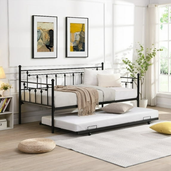 Full Size Metal Platform Bed Frame with Trundle,No Box Spring,Black,Suitable for Bedroom