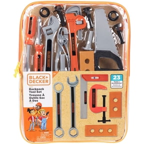 Black Decker 23-Piece Kids Junior Tool Set Kids Pretend Play Tools Backpack, 23 Tools & Accessories, Hammer, Phillips Screwdriver, Saw, Pliers Adjustable Wrench & More! For Boys & Girls Ages 3+