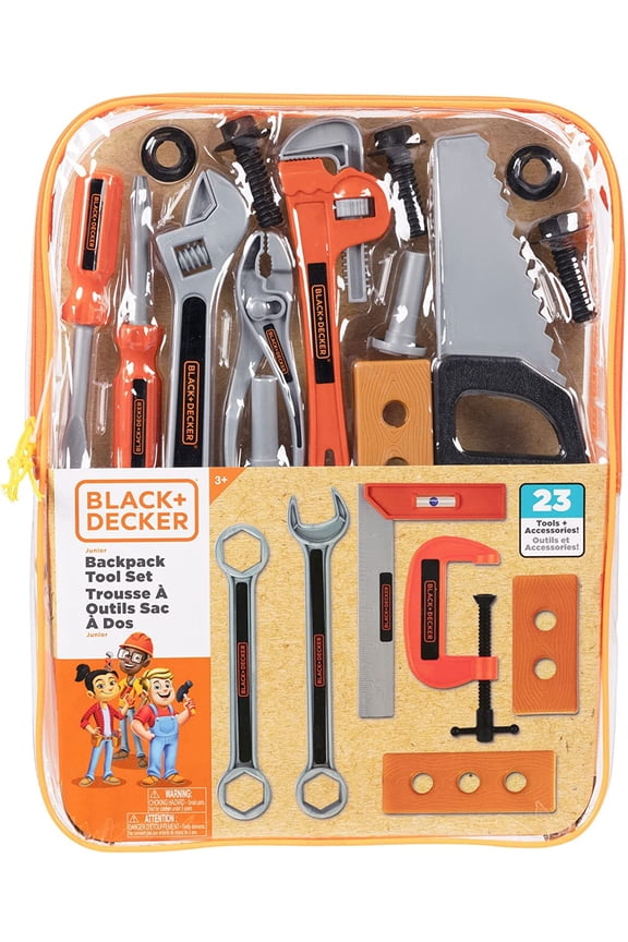 Black Decker 23-Piece Kids Junior Tool Set Kids Pretend Play Tools Backpack, 23 Tools & Accessories, Hammer, Phillips Screwdriver, Saw, Pliers Adjustable Wrench & More! For Boys & Girls Ages 3+