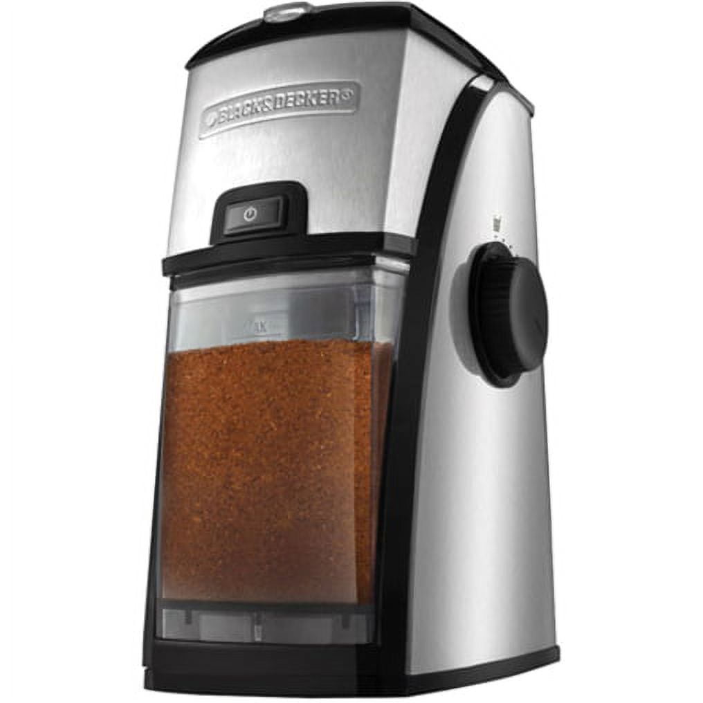 BLACK & DECKER Coffee Grinder PRCBM5 220volts 220-240Volt 50/60Hz 12 cup  capacity coffee Grinder Lid Bowl Grind size indicator Cup quantity selector  On/Off button Container Lid Coffee container Power button Cord Storage