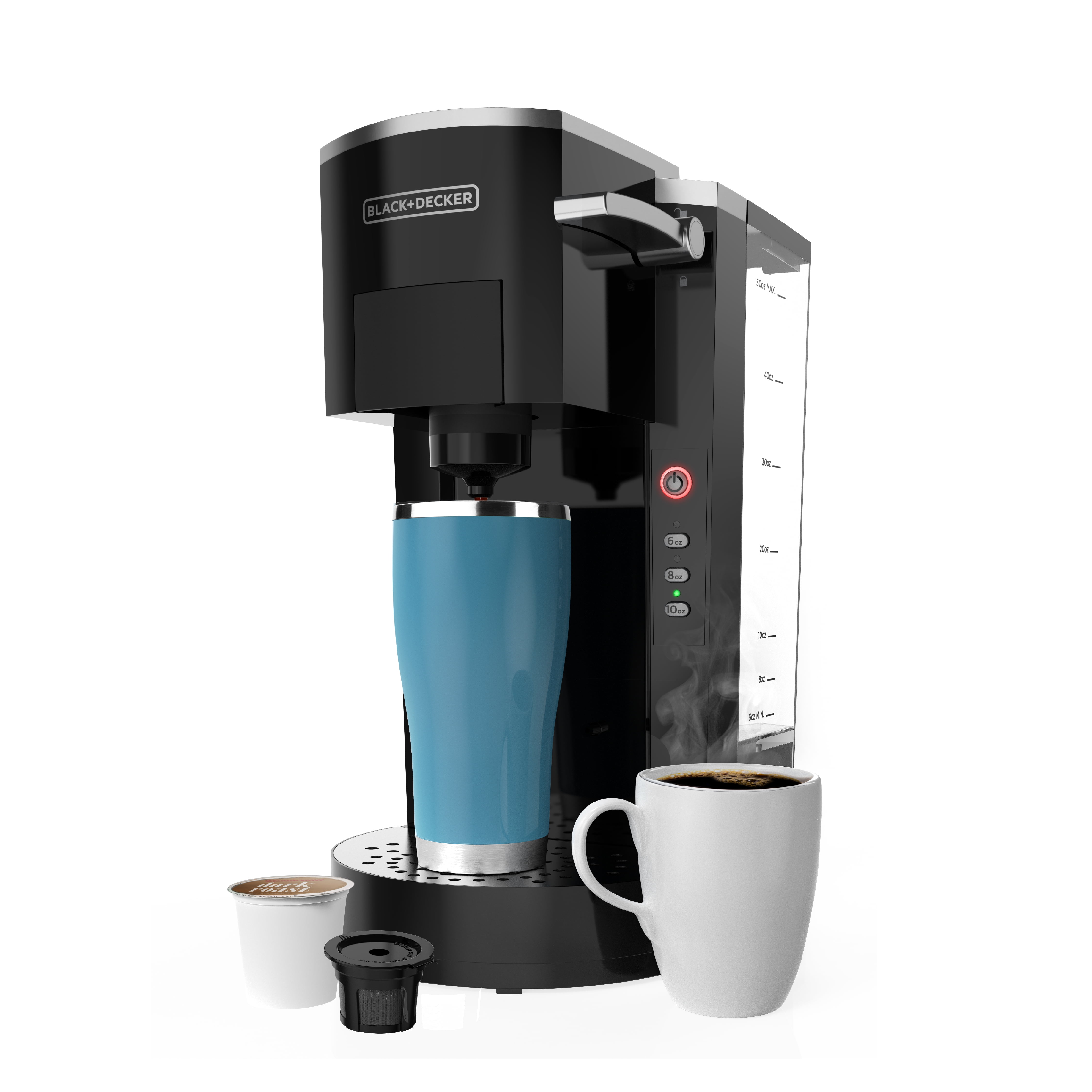 Black Decker Family Single Serve K Cup Brewer Large 50oz Water Reservoir Versatile Ground Coffee K Cup Compatibility Adjustable Tray for Travel