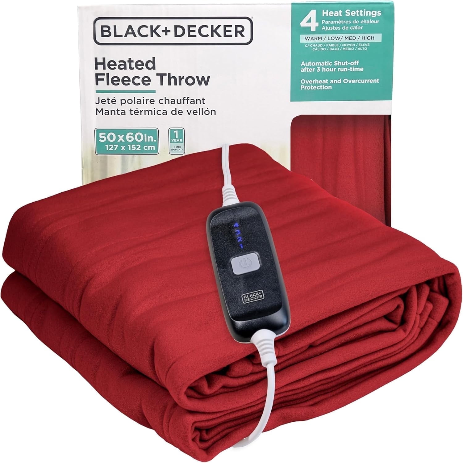 BLACK+DECKER Heated Blanket Electric Throw, 4 Heating Levels, 3H Timer, Auto Shutoff, 50x60 inches, Fleece, Maroon