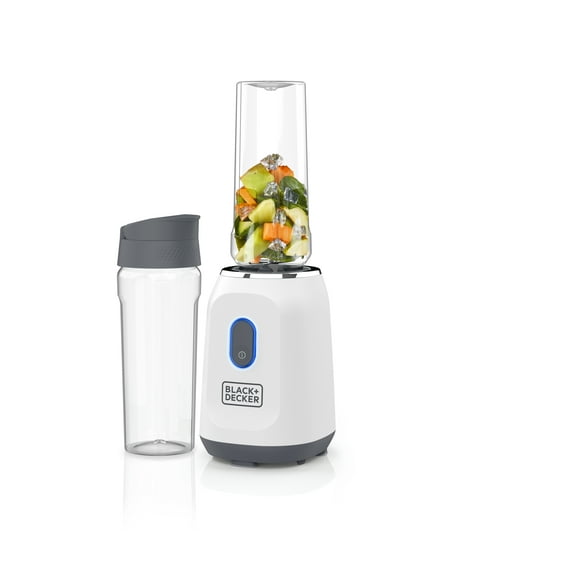 Black & Decker Single Serve Blender, two 20 Oz Dishwasher Safe Tritan Plastic Travel Jars, Spill-Resistant Travel Lids, 300 W, On/Off & Pulse Control Button, Stainless Steel Blade, White PB2209BDW