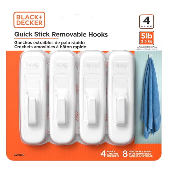 BLACK + DECKER Wall Hooks, Removable, Holds up to 5 lbs, White, 4 pack