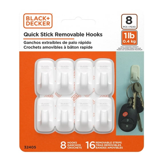 Black & Decker Wall Hooks - 8pk, White, Removable, Holds up to 1 lb.