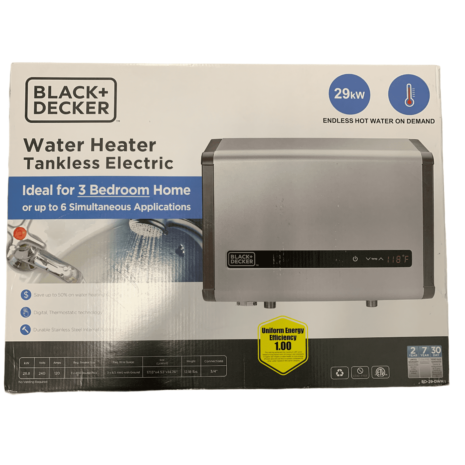 Black + Decker Tankless Electric Water Heater 240v 29kW, Self-Modulating -  Walmart.com