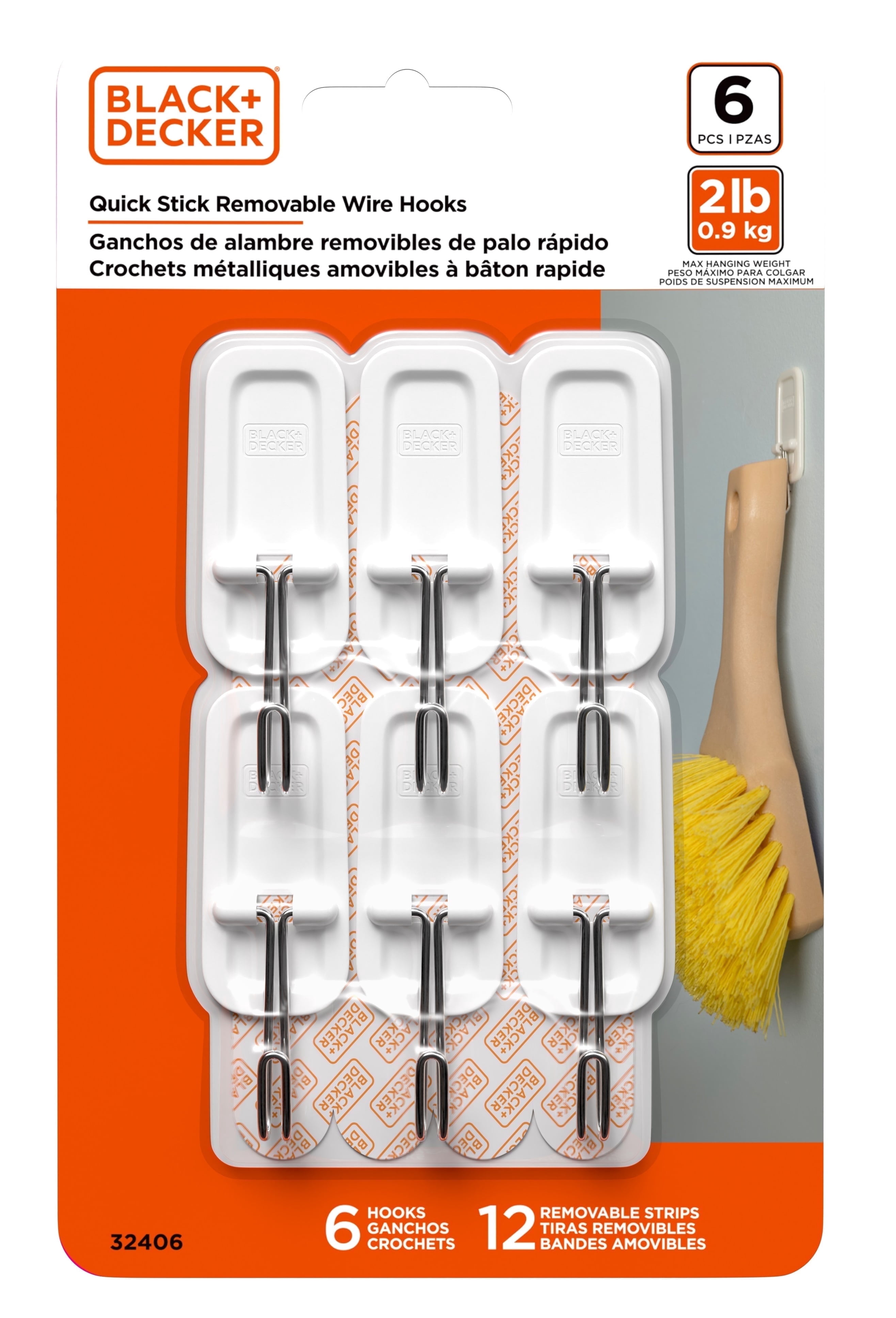 BLACK + DECKER Wall Hooks, Removable, Holds up to 2 lbs, White, 6 pack