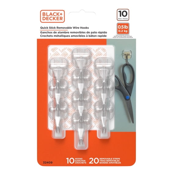 BLACK + DECKER Wall Hooks, Removable, Holds up to 0.5 lb, Clear, 10 pack