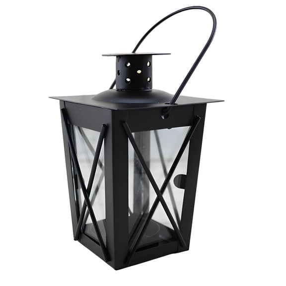 Black Decorative Candle Lantern, Moroccan Style Metal Candle Holder with Glass Lampshade and Hanging Ring, 6.7 x 3.5 x 2.2 in / 17 x 9 x 5.5 cm, Centerpiece for Wedding, Party, and Home Dcor