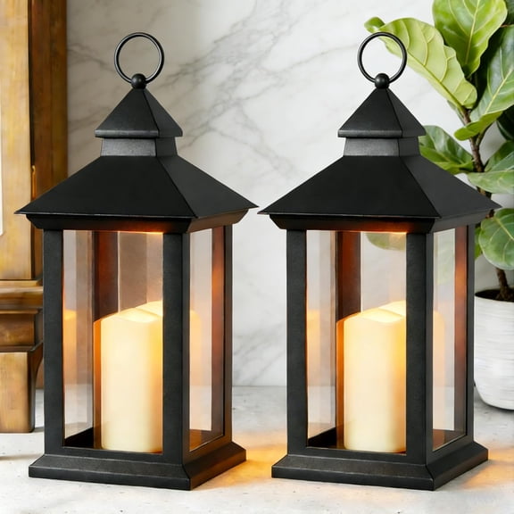 Black Decorative Candle Lanterns, 2 Packs 14" Waterproof Porch Decor | Decorative Transparent Diamond Hanging Lanterns, Timer, Battery Operated, Waterproof LED Candle, Indoor & Outdoor Decor