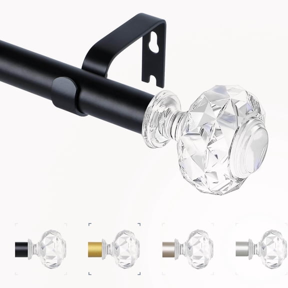 Black Decorative Crystal Curtain Rods: Heavy Duty Adjustable Window Curtain Rod for Bedroom Living Room, Matte Black Modern Girly Acrylic Drapery Pole with Sheer Bling Diamond Finials