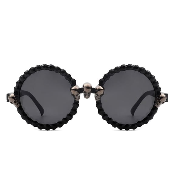 Black Decorative Edge Round Sunglasses - Dark Lens UV Protection Classic Casual Eyewear