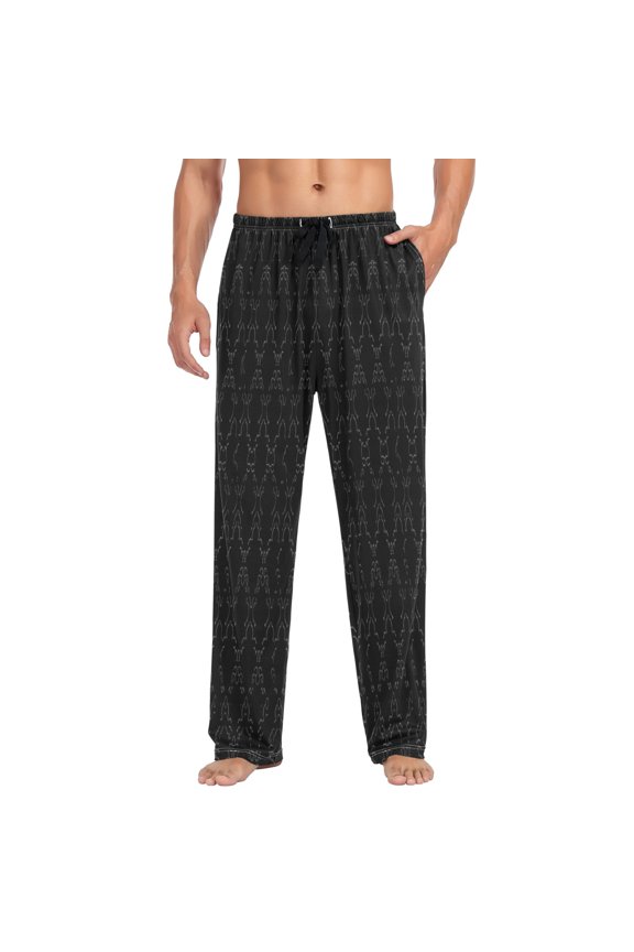 Black Decorative Pattern Mens Cotton Pajama Pants Long Staple Lightweight Sleep Bottoms with Pockets Breathable