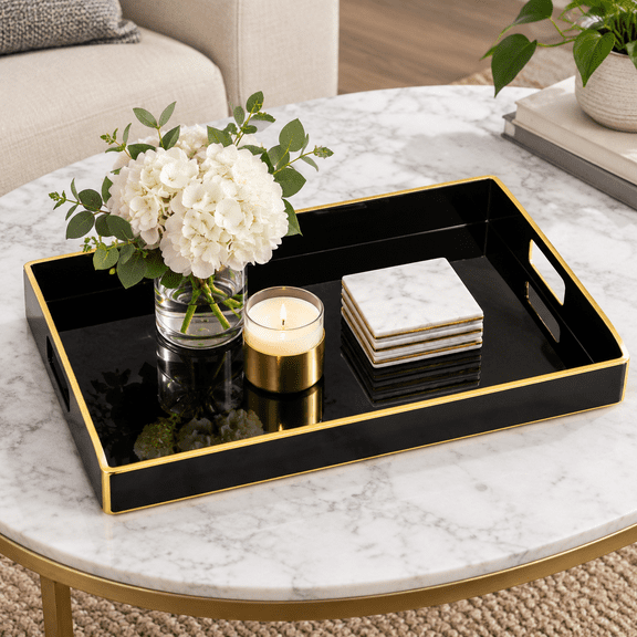 Black Decorative Serving Tray With Handles, 16.57 x 12.13 x 2.32 Inches