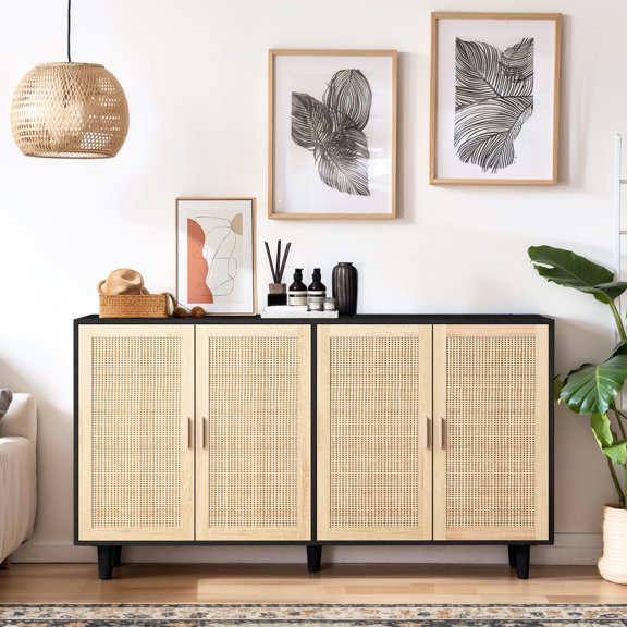 Black Decorative Storage Chest - For Bedroom, Living Room, Office, Quality Materials, Sufficient Storage, Adjustable Shelf, Hassle- Assembly And Maintenance Work 4-door Construction, Large Capacity,