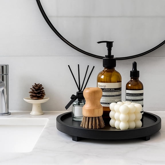 Black Decorative Wooden Tray for Kitchen Counter Bathroom Sink Vanity Wood Riser Candle Pedestal Stand for Perfume Soap Round Dining Coffee Table Home Decor Tray