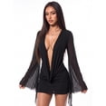 thumbnail image 1 of Black Deep V-Neck Long Bell Sleeve Sheer Mesh Backless Mini Dress For, 1 of 11