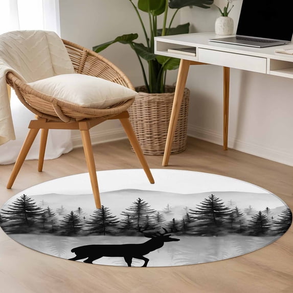 Black Deer 3.3ft Round Rug for Bedroom Reading Corner, Mountain Forest ...